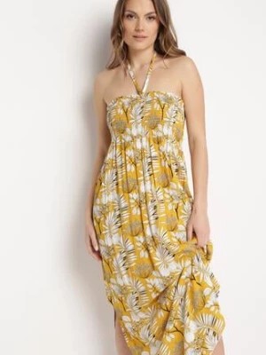 Zdjęcie produktu Żółta Wiskozowa Sukienka Rozkloszowana Wiązana na Szyi w Kwiatowy Print Skaida