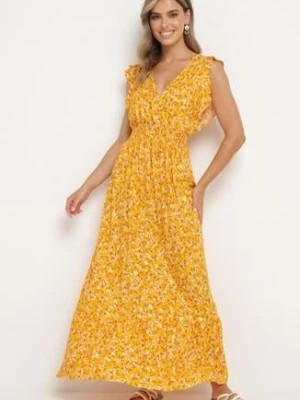 Zdjęcie produktu Żółta Wiskozowa Sukienka z Gumką w Talii z Kopertowym Dekoltem i Falbankami Voaladia