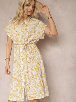 Zdjęcie produktu Żółto-Beżowa Rozkloszowana Bawełniana Sukienka z Guzikami i Wsuwanymi Kieszeniami Tesafina