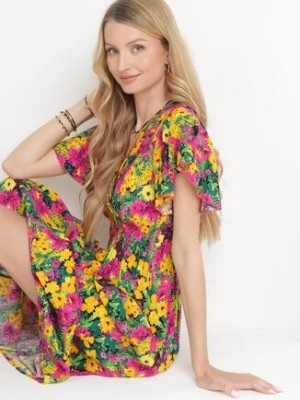 Zdjęcie produktu Żółto-Fuksjowa Wiskozowa Sukienka Maxi w Kwiaty z Gumką w Talii i Kopertowym Dekoltem Trelline
