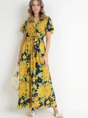 Zdjęcie produktu Żółto-Granatowa Kopertowa Sukienka Maxi z Gumką w Pasie w Kwiaty z Wiskozy Aryna