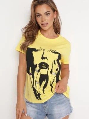 Zdjęcie produktu Żółty Bawełniany T-shirt z Nadrukiem i Cyrkoniami Cignelia