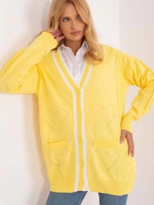 Zdjęcie produktu Żółty dzianinowy sweter damski rozpinany w warkocze BADU