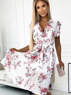 Zdjęcie produktu 457-1 Szyfonowa plisowana sukienka z dekoltem i falbankami - BIAŁA W CZERWONE KWIATY Numoco