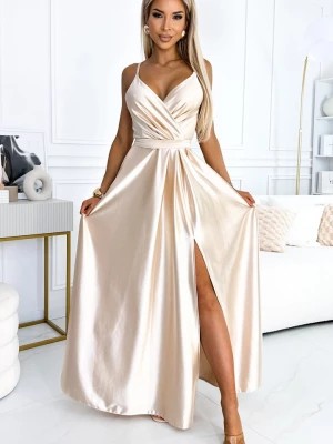 Zdjęcie produktu 512-3 JULIET elegancka długa satynowa suknia z dekoltem i rozcięciem na nogę - BEŻOWA Numoco