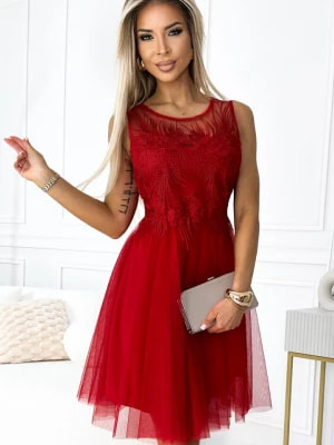 Zdjęcie produktu 522-3 CATERINA Kobieca sukienka z gipiurą i delikatnym tiulem - CZERWONA Numoco basic