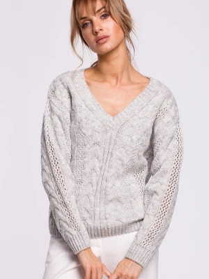 Zdjęcie produktu Ażurowy sweter z dekoltem w serek - szary Merg