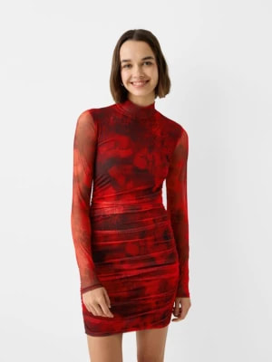 Zdjęcie produktu Bershka Sukienka Mini Z Długim Rękawem I Zwierzęcym Wzorem Kobieta Czerwony