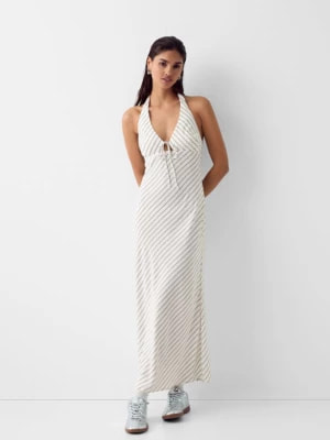 Zdjęcie produktu Bershka Wzorzysta Sukienka Midi Z Dekoltem Halter Kobieta Biały / Czarny