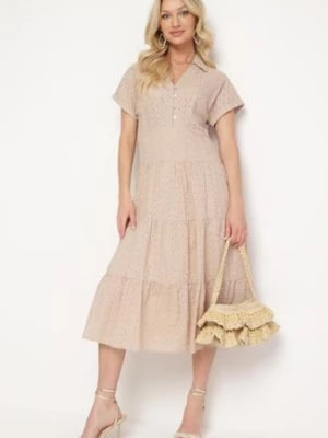 Zdjęcie produktu Beżowa Bawełniana Sukienka o Ażurowym Wykończeniu z Krótkim Rękawem Zapinana na Guziki Kataria