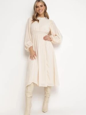 Zdjęcie produktu Beżowa Elegancka Sukienka Midi z Gumkami w Pasie i Ażurowymi Wstawkami Rouxia