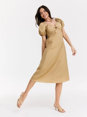 Zdjęcie produktu Beżowa lniana sukienka z bufkami TARANKO