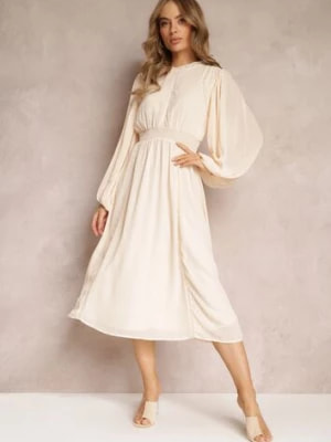 Zdjęcie produktu Beżowa Rozkloszowana Sukienka Midi z Gumkami w Talii i Koronką Ottillda