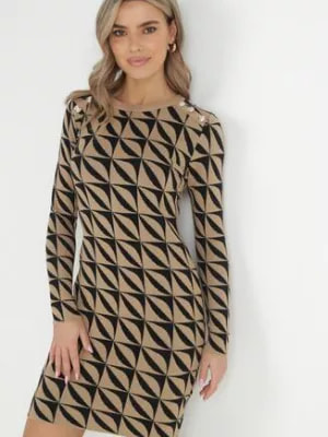 Zdjęcie produktu Beżowa Sukienka Dzianinowa w Geometryczny Wzór Hynnee