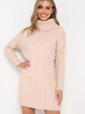 Zdjęcie produktu Beżowa Sweterkowa Mini Sukienka z Szerokim Golfem i Ściągaczami Patricime