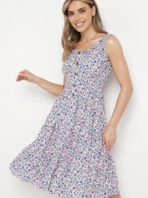 Zdjęcie produktu Beżowo-Niebieska Rozkloszowana Sukienka w Drobne Kwiatki z Bawełny z Gumką w Pasie i Falbanką Lominae