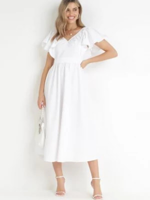 Zdjęcie produktu Biała Sukienka Midi z Falbanami przy Ramionach Happisa