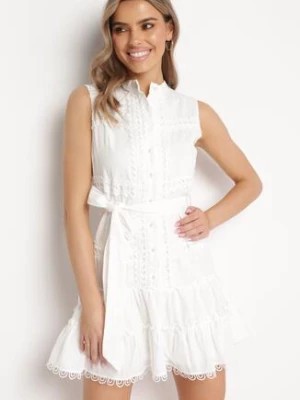 Zdjęcie produktu Biała Sukienka Mini Bez Rękawów z Wiązanym Paskiem Ilwenith