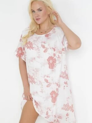 Zdjęcie produktu Biało-Jasnoróżowa Bawełniana Sukienka Midi Pudełkowa w Kwiaty Mephelia