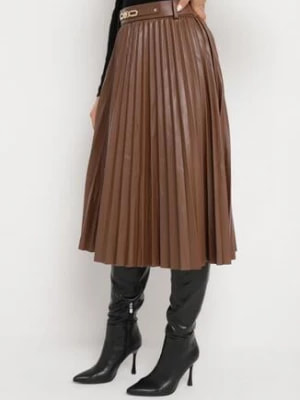 Zdjęcie produktu Brązowa Spódnica Plisowana z Imitacji Skóry Obono