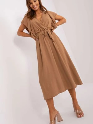 Zdjęcie produktu Brązowa sukienka damska midi z wiązanym paskiem Italy Moda
