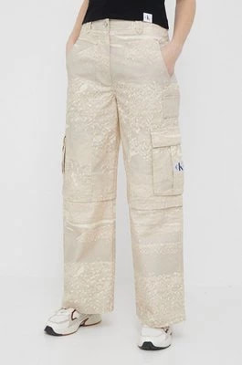 Zdjęcie produktu Calvin Klein Jeans spodnie bawełniane kolor beżowy szerokie high waist