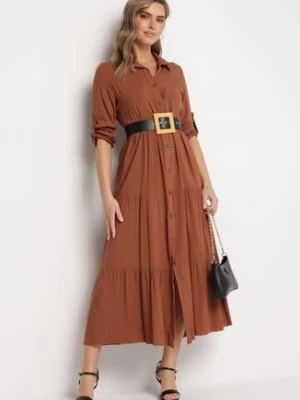 Zdjęcie produktu Ciemnobrązowa Rozkloszowana Sukienka Maxi z Bawełny w Koszulowym Stylu Onecca