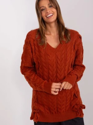 Zdjęcie produktu Ciemnopomarańczowy długi sweter z warkoczami BADU