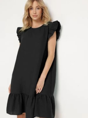 Zdjęcie produktu Czarna Rozkloszowana Sukienka z Falbanką na Dole i przy Rękawach Biojara