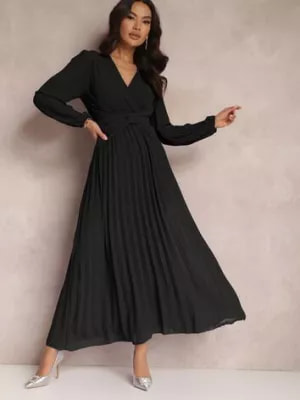 Zdjęcie produktu Czarna Sukienka Maxi Plisowana z Kopertowym Dekoltem Verazi