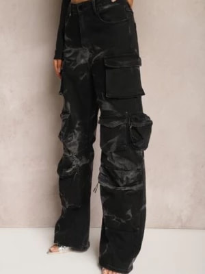 Zdjęcie produktu Czarne Jeansy Cargo Ozdobione Marmurkowym Wzorem Tie-Dye Elysiama
