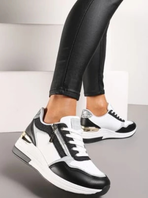 Zdjęcie produktu Czarno-Białe Sneakersy z Metaliczną i Brokatową Wstawką na Koturnie Neomalle