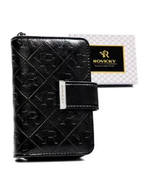 Zdjęcie produktu Czarny portfel damski z tłoczonym monogramem - Rovicky
