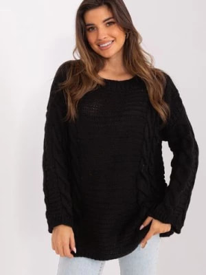 Zdjęcie produktu Czarny sweter z warkoczami z dodatkiem wełny BADU