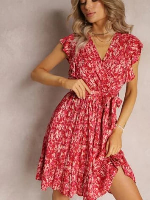 Zdjęcie produktu Czerwona Rozkloszowana Midi Sukienka w Kwiaty z Wiskozy Ściągana w Talii Gumką Anicolas