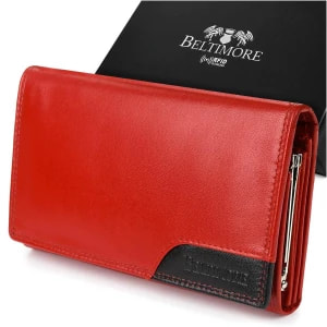 Zdjęcie produktu Damski skórzany portfel duży poziomy z biglem RFiD czerwony BELTIMORE czerwony Merg