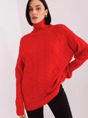Zdjęcie produktu Damski sweter z warkoczami czerwony Wool Fashion Italia