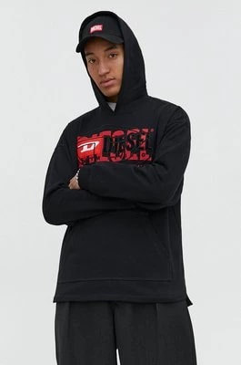 Zdjęcie produktu Diesel bluza bawełniana męska kolor czarny z kapturem z nadrukiem