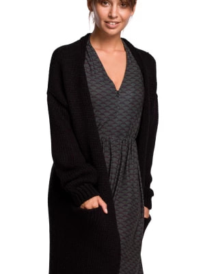 Zdjęcie produktu Długi sweter z kieszeniami ciepły kardigan o prostym fasonie czarny Polskie swetry