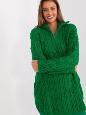 Zdjęcie produktu Długi sweter z warkoczami i suwakiem zielony BADU