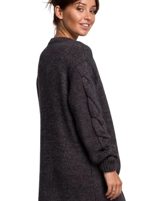 Zdjęcie produktu Długi sweter z wełną splot w warkocz grafit miękka przędza Polskie swetry