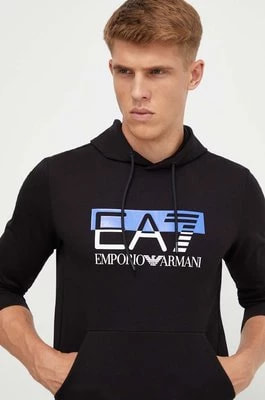 Zdjęcie produktu EA7 Emporio Armani bluza bawełniana męska kolor czarny z kapturem z nadrukiem