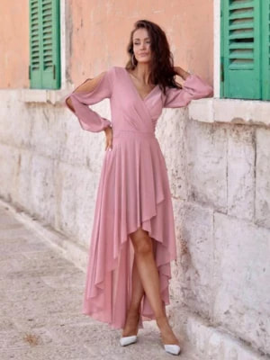 Zdjęcie produktu Elegancka sukienka szyfonowa różowa z długim rękawem Luca Roco