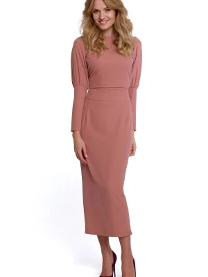 Zdjęcie produktu Elegancka sukienka z odkrytymi plecami pudrowa długa z rozcięciem Sukienki.shop