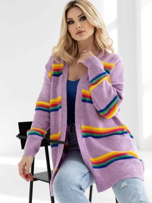 Zdjęcie produktu Elegancki sweter kardigan w kolorowe paski liliowy PeeKaBoo