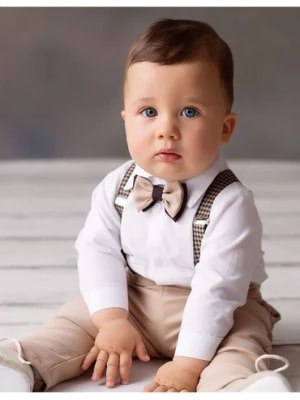Zdjęcie produktu Elegancki zestaw HENRYK dla chłopca - koszulo-body + spodnie + szelki+ mucha Balumi