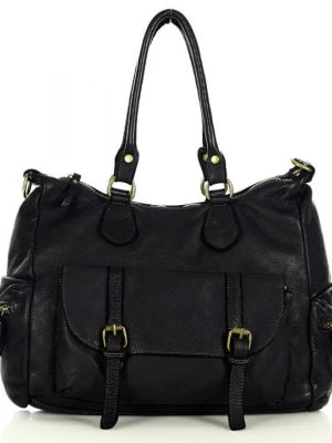 Zdjęcie produktu ESTRELLA - Włoska pojemna torba damska na ramię z kieszeniami skóra naturalna czarny Merg