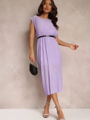Zdjęcie produktu Fioletowa Pudełkowa Sukienka Midi z Plisowanej Tkaniny z Paskiem z Klamerką Lanaia