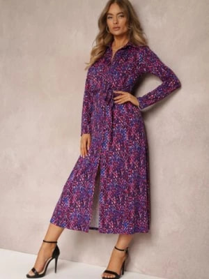 Zdjęcie produktu Fioletowo-Niebieska Sukienka Koszulowa z Wiązanym Paskiem i Długim Rękawem Malenie