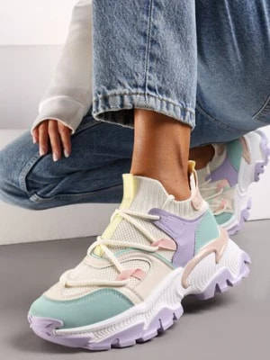Zdjęcie produktu Fioletowo-Zielone Sneakersy w Skarpetkowym Stylu z Elastycznym Wiązaniem i Tłoczoną Podeszwą Ielene